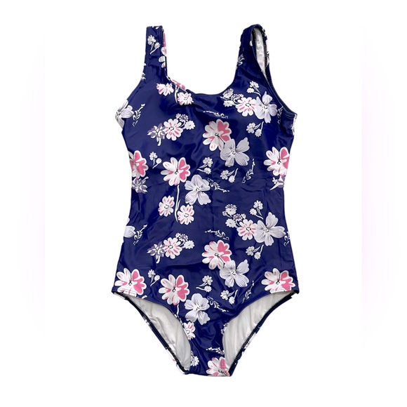 Women’s One Piece Swimsuit, Navy Color with Flower Print, Size S (2-4) - Picture 2 of 5